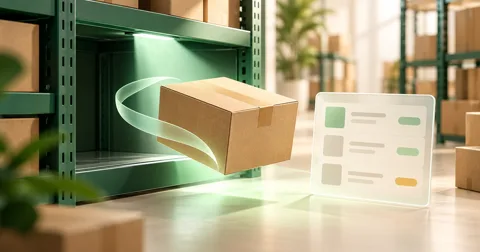 A recovered inventory carton returning to a warehouse shelf beside an inventory record.