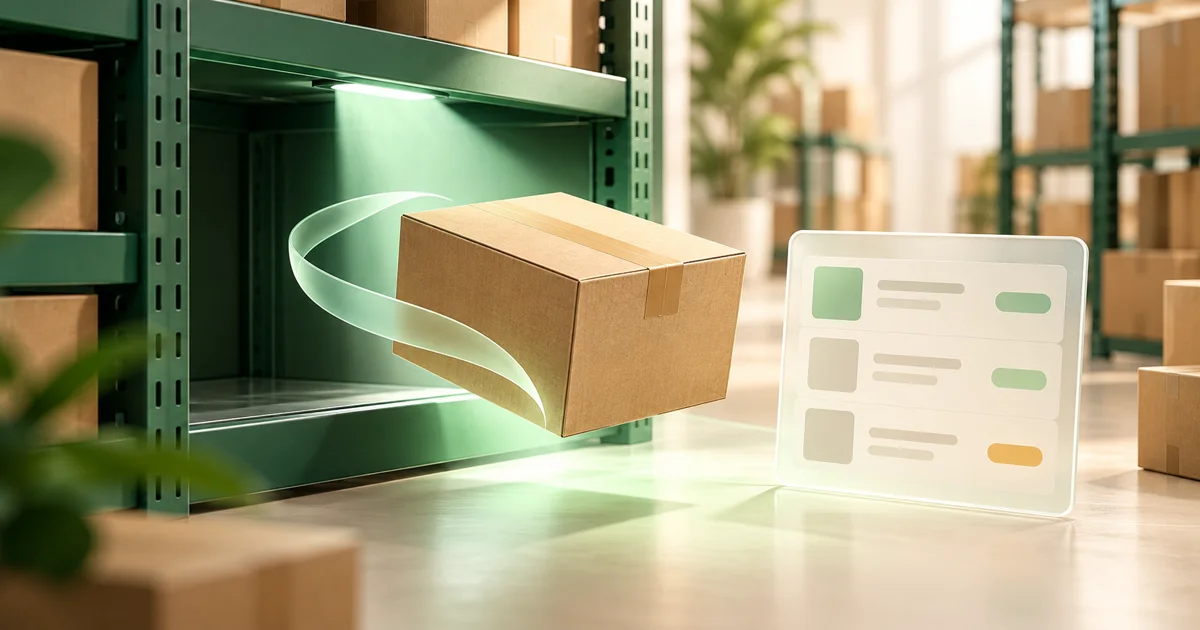 A recovered inventory carton returning to a warehouse shelf beside an inventory record.