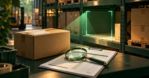 An empty warehouse shelf position and inventory report being examined with a magnifying glass.