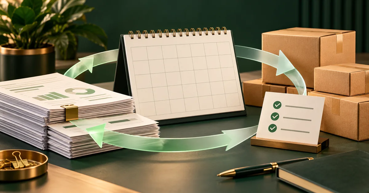 A monthly planner, inventory reports and review checklist arranged for recurring reconciliation.