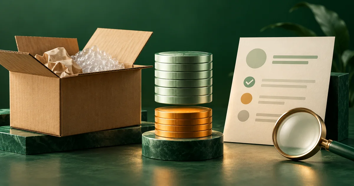 A shipping carton and separated coin stacks illustrating a partial inventory reimbursement.