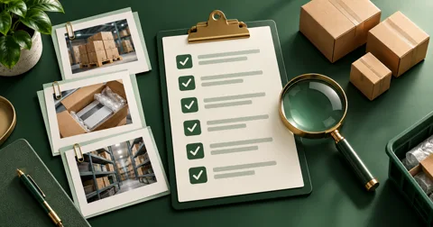 An inventory audit clipboard beside source documents, a magnifying glass and shipping cartons.