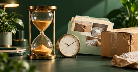 An hourglass and clock beside inventory evidence, illustrating a reimbursement review deadline.