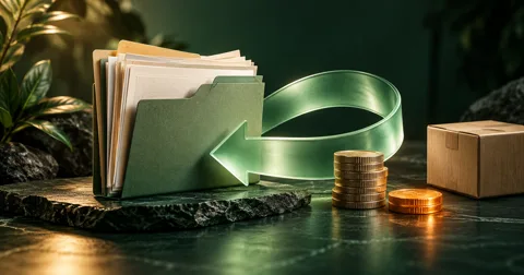 An inventory report and coin stack with a looping ribbon illustrating a reimbursement reversal.