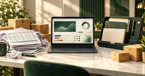 Three inventory audit approaches represented by spreadsheet papers, a laptop and an organized case folder.