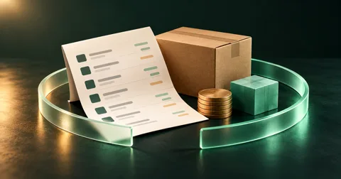 A reimbursement report beside cash coins, an inventory carton and a transparent coverage ring.