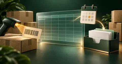 A spreadsheet import tray with product barcode cards and date tabs beside retail inventory.