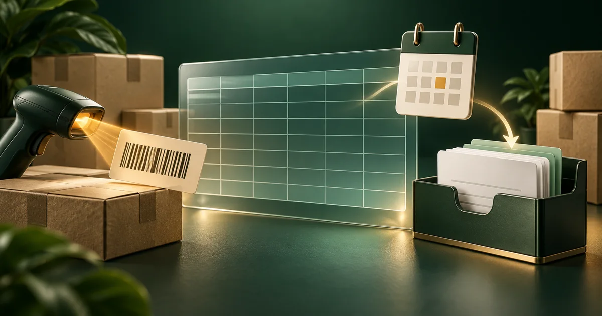 A spreadsheet import tray with product barcode cards and date tabs beside retail inventory.