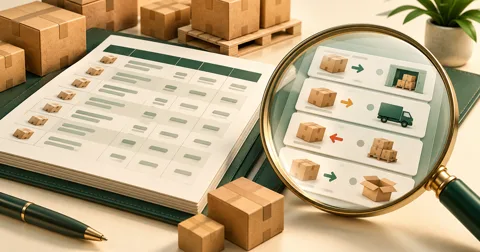 A summary inventory ledger beside a magnified set of detailed inventory event cards.