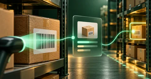 A product barcode being traced between warehouse shelves and a matching inventory record.