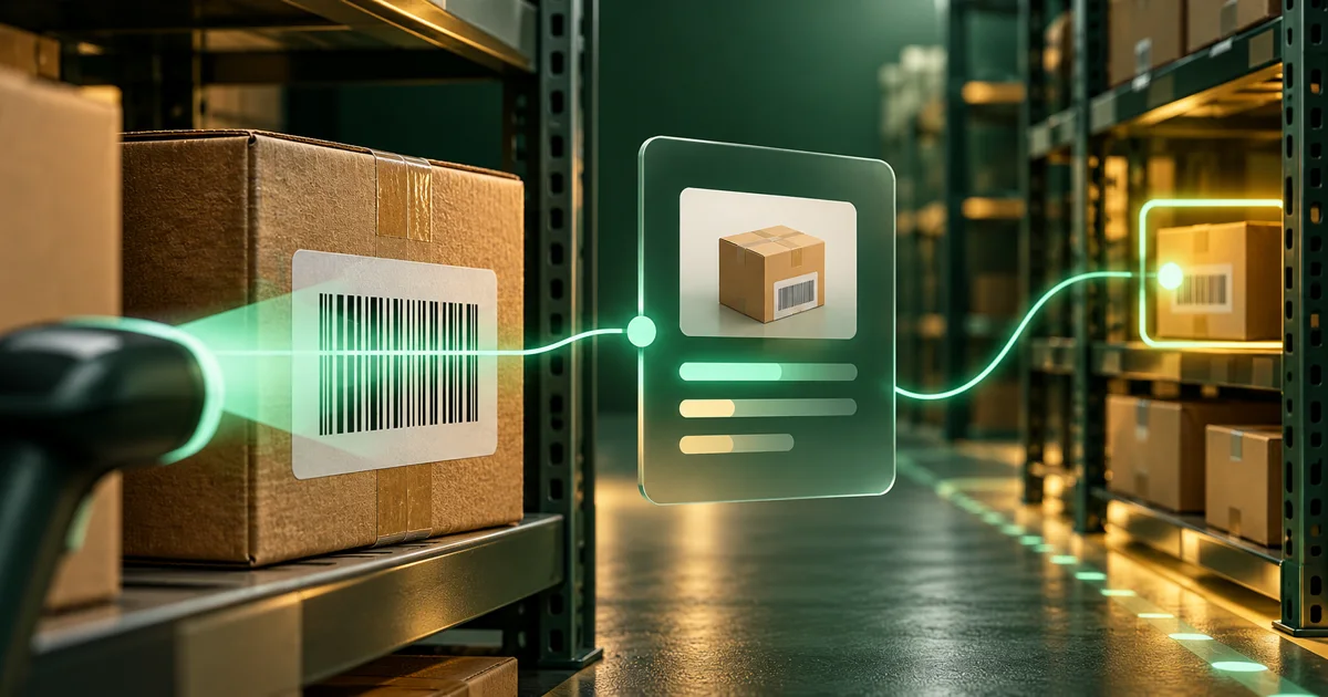 A product barcode being traced between warehouse shelves and a matching inventory record.