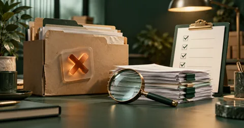 A case folder with a review marker beside organized evidence and a checklist for reassessment.