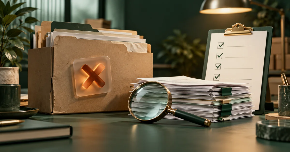 A case folder with a review marker beside organized evidence and a checklist for reassessment.